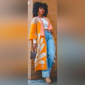 Vibrant Orange and Cream Floral Coat